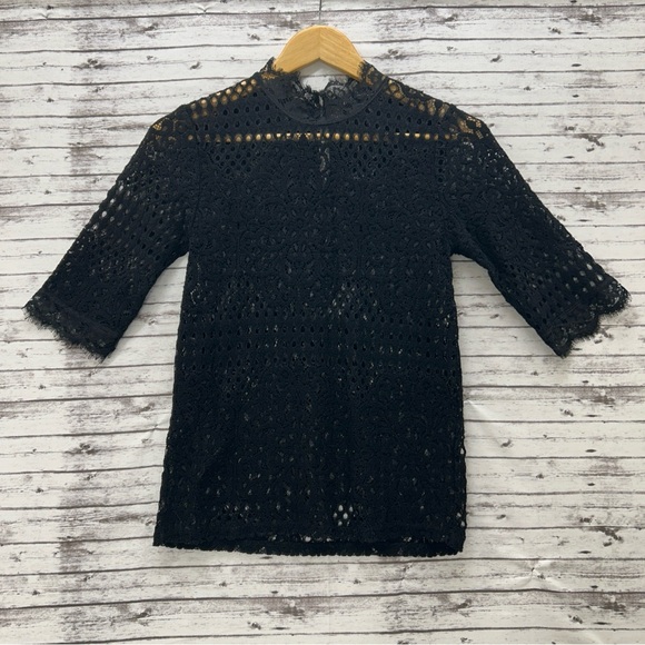 Zara women’s laced blouse quarter sleeve key hole back black Small - Picture 1 of 5